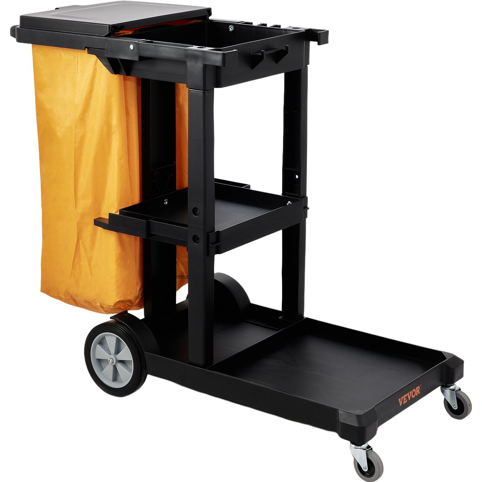 Vevor Cleaning Cart, 3-shelf Commercial Janitorial Cart, 200 Lbs Capacity Plastic Housekeeping Cart, With 25 Gallon Pvc Bag And Cover, 47 X 20 X 38.6in, Yellow&black - Black