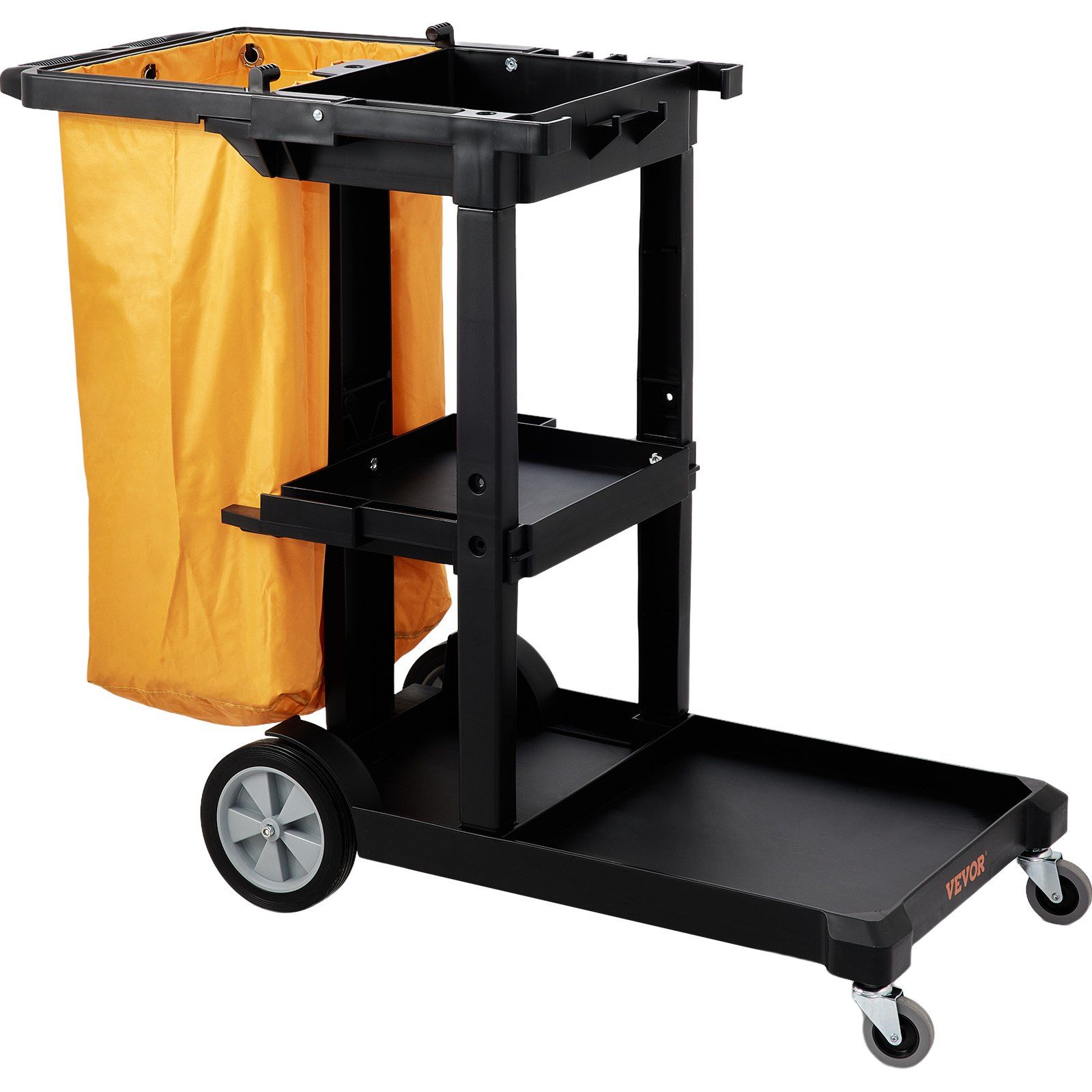 Vevor Cleaning Cart, 3-shelf Commercial Janitorial Cart, 200 Lbs Capacity Plastic Housekeeping Cart, With 25 Gallon Pvc Bag, 47 X 20 X 38.6in, Yellow&black - Black